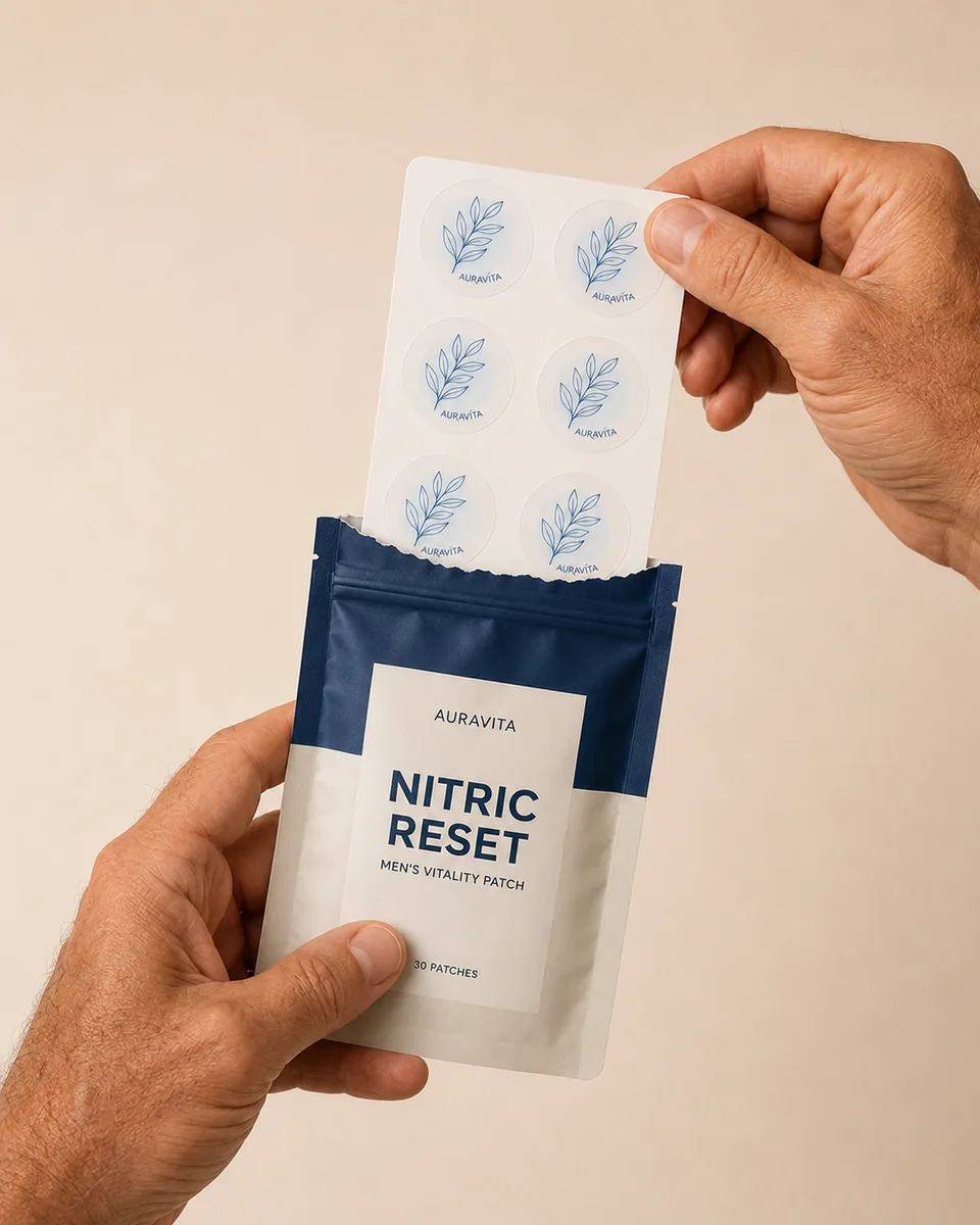 Hand peeling an AuraVita wellness patch from its pouch
