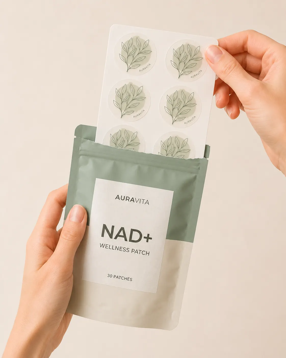 Hand peeling an AuraVita wellness patch from its pouch