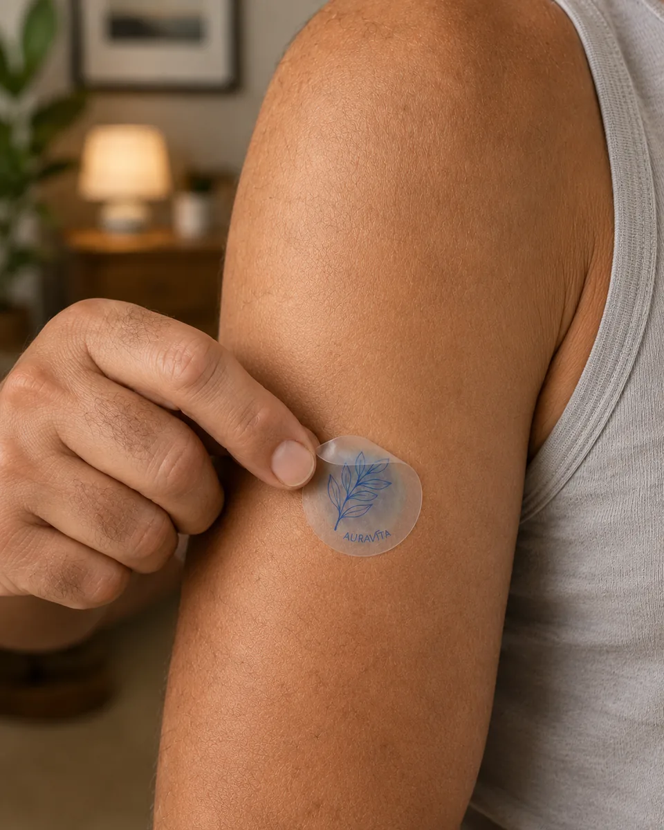 Person wearing an AuraVita patch on the arm