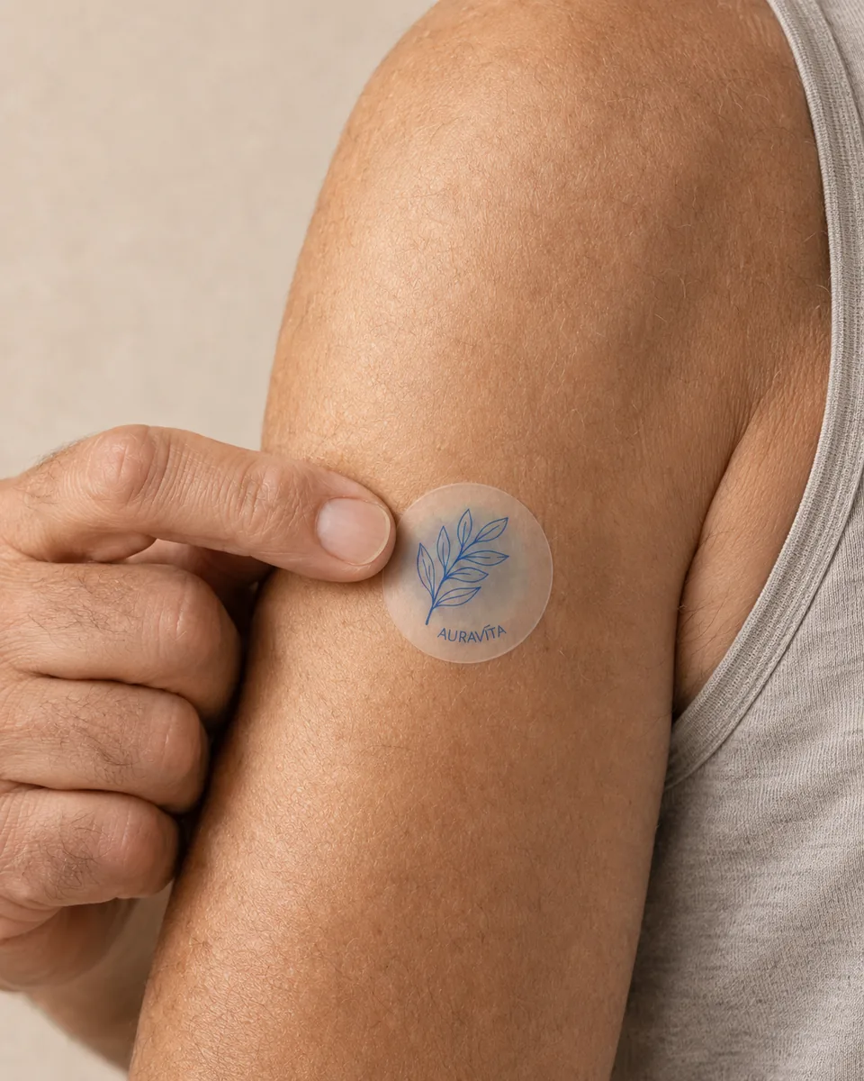 Close-up of translucent AuraVita patch being applied to skin