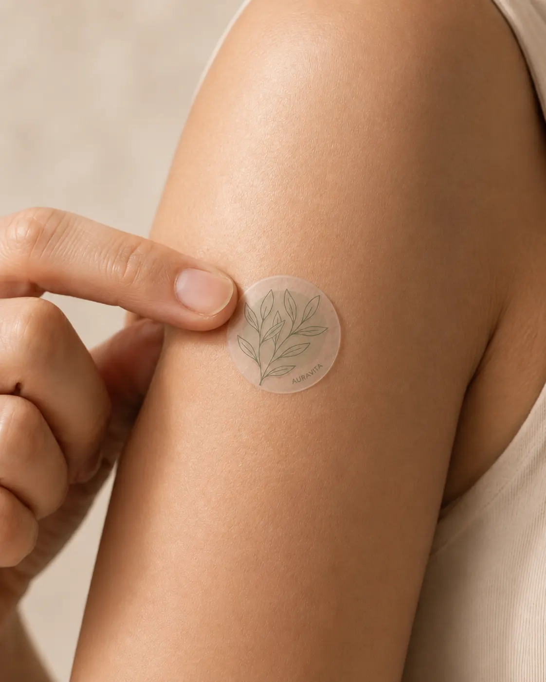 Close-up of translucent AuraVita patch being applied to skin