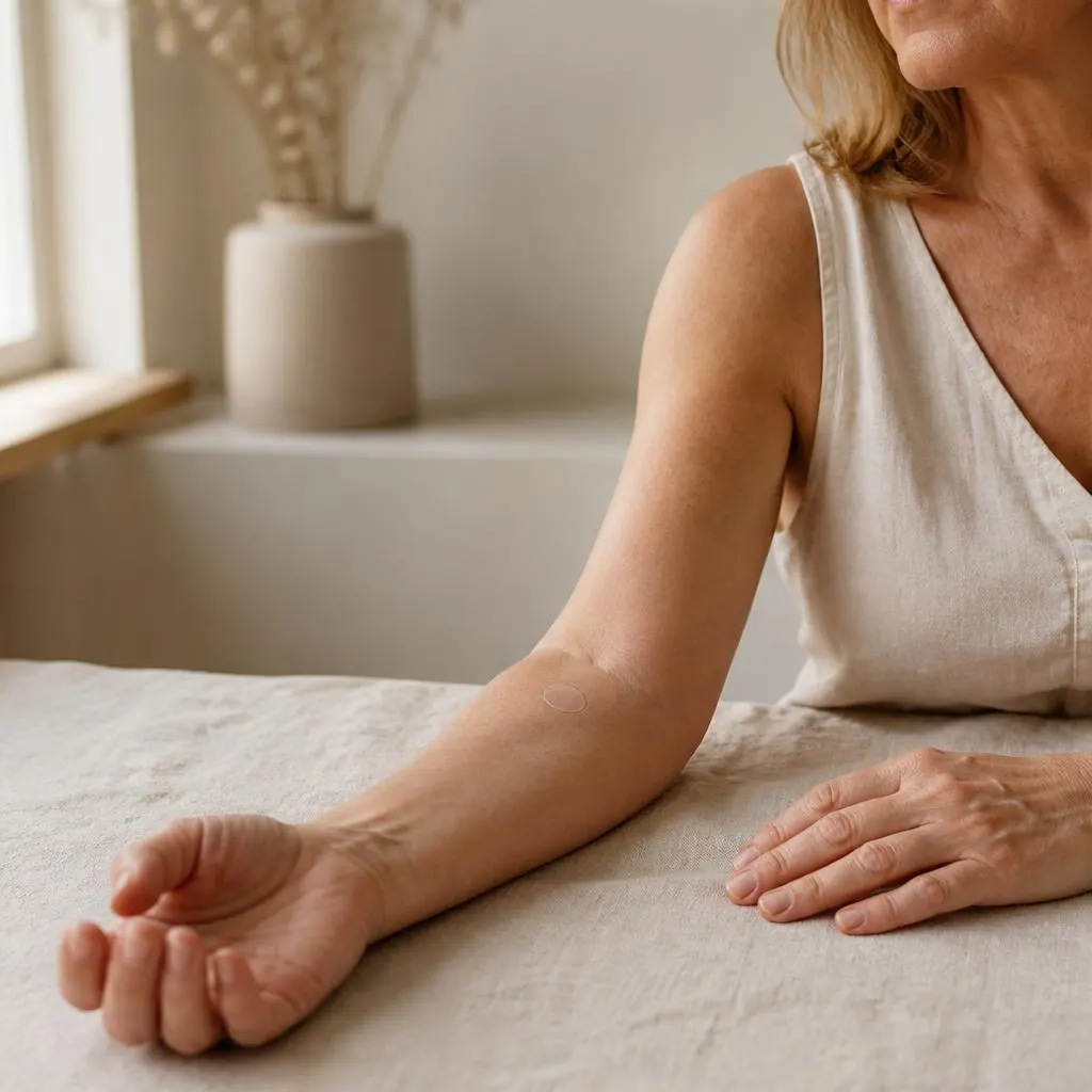 Woman in her fifties wearing a small, discreet AuraVita patch on her inner forearm at home