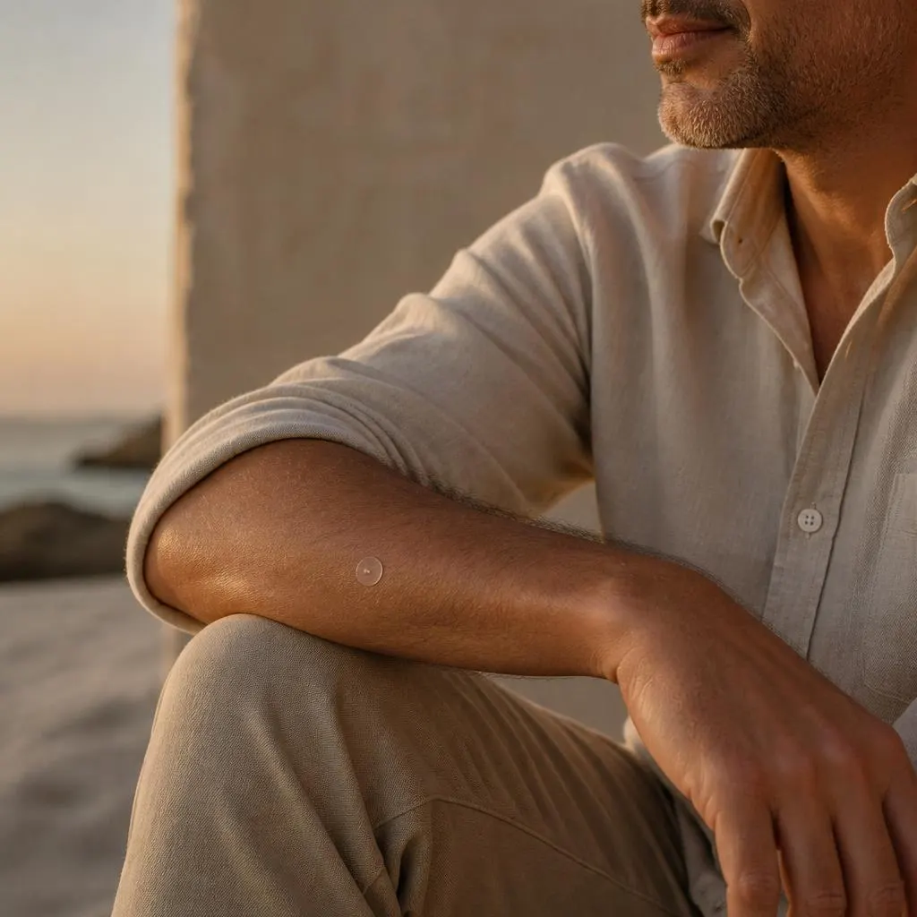 Man in his forties with a coin-sized AuraVita patch on his forearm, sitting outdoors at sunset