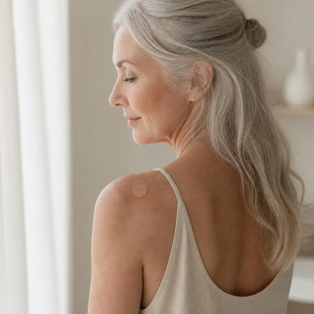 Woman with silver hair wearing a small round AuraVita patch on her shoulder in soft daylight