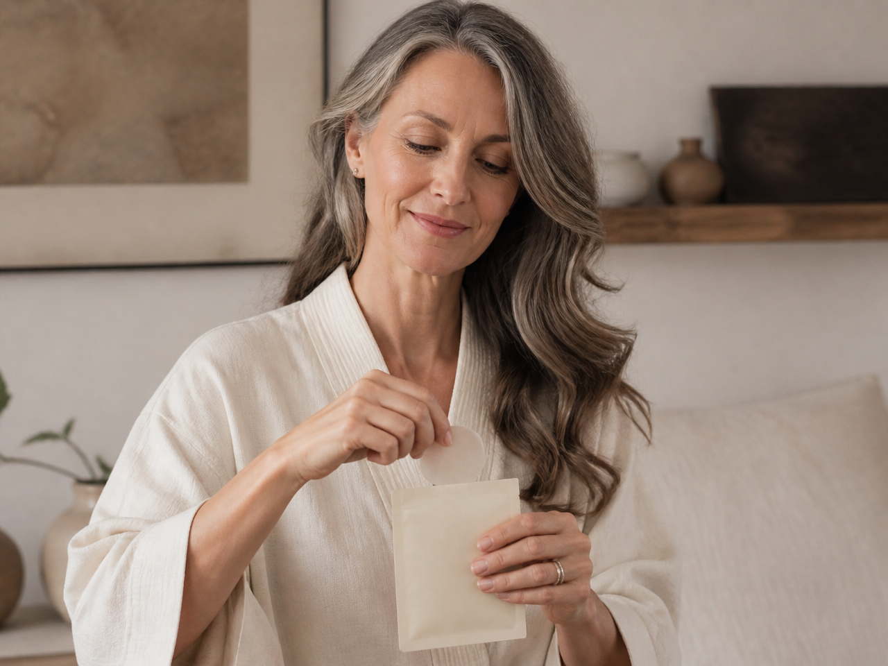 Hand peeling an AuraVita wellness patch from its pouch