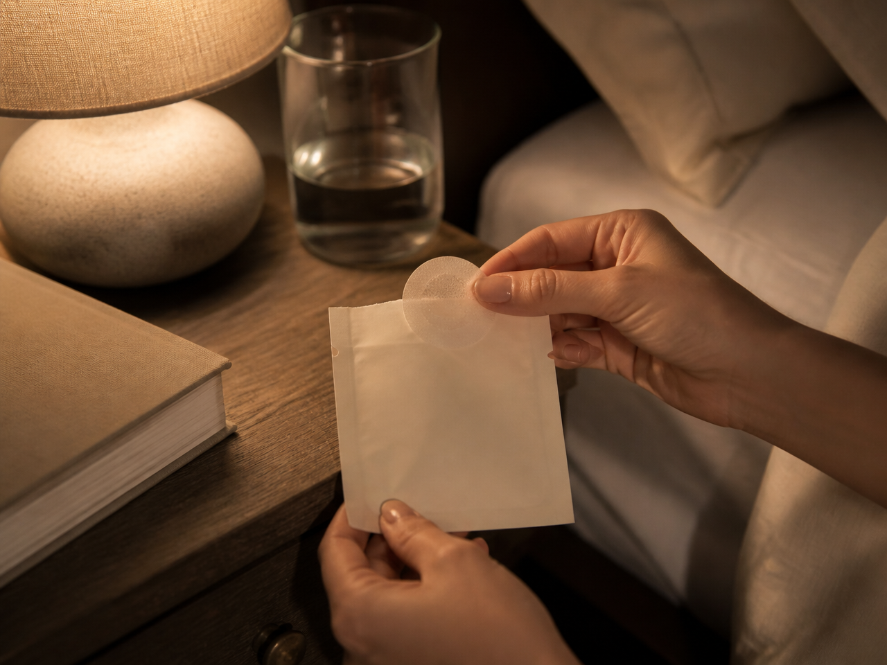 Hand peeling an AuraVita wellness patch from its pouch